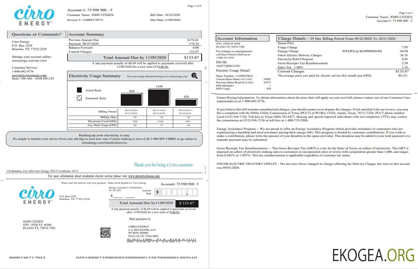 USA Texas Cirro Energy utility bill template in Word and PDF format (3 pages) 1 2